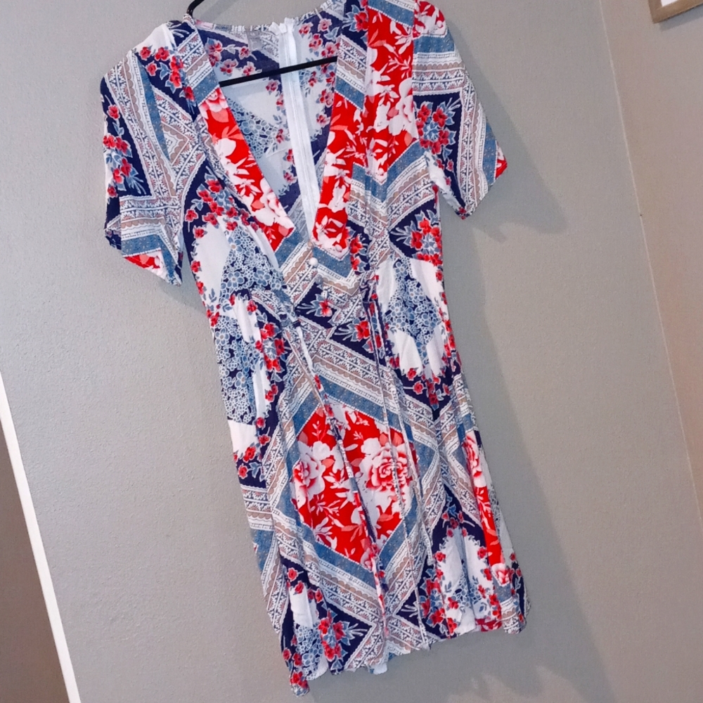 Floral Sun Dress V Neck Red Blue White Medium